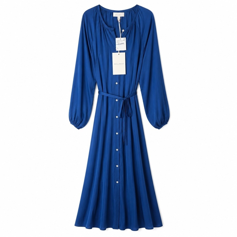 MELLODAY XL Cobalt Blue Maxi‎ Shirt Dress NWT Long Sleeve Button Front Belted